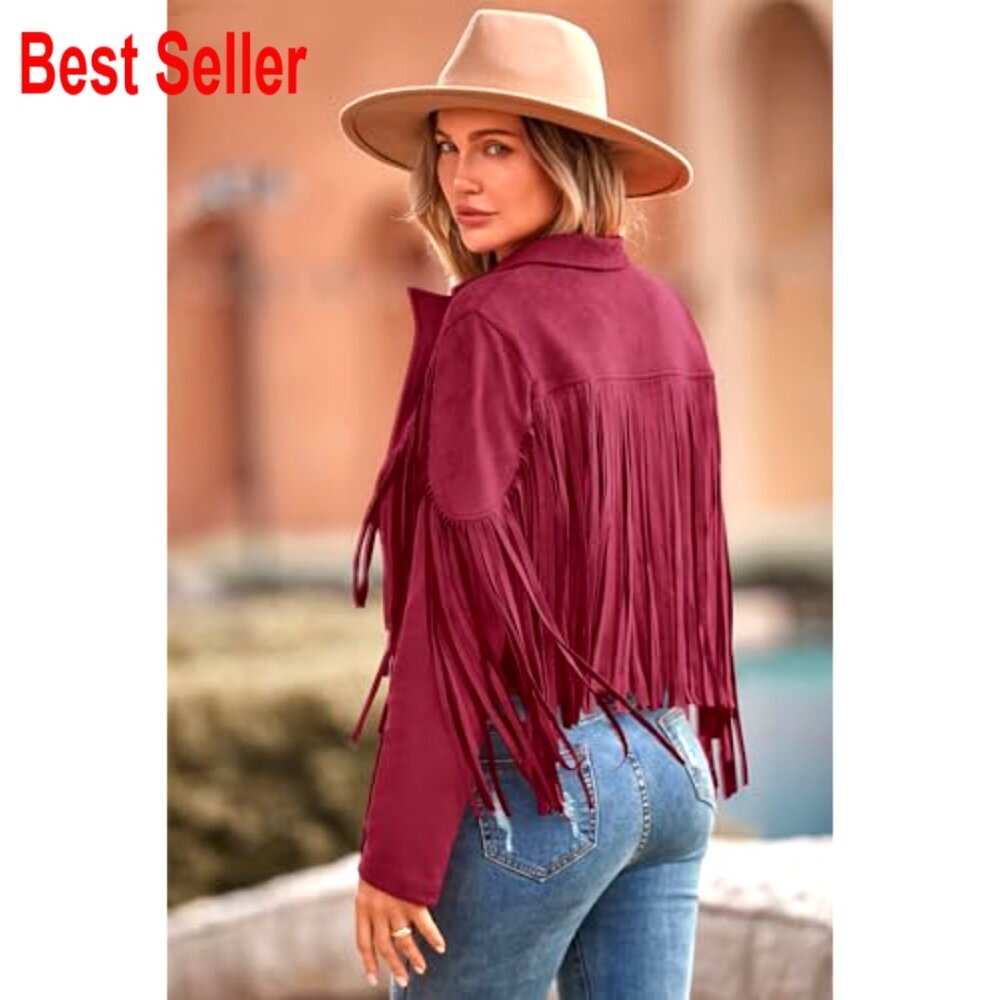 Faux Suede Fringe Cropped Jacket Motorcycle Style Tassel Detail - Picture 2 of 7